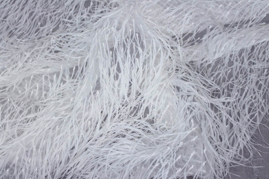 Beads and Ostrich Feathers on Tulle - White on Off-White