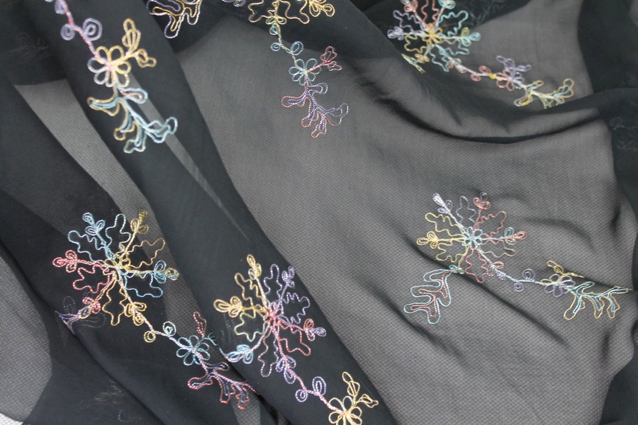 Black Silk Chiffon with Colourful Snowflake Flowers