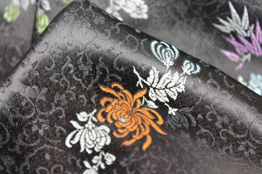 Chinese Brocade - Multi Colour Cherry Blossom and Flowers on Black 