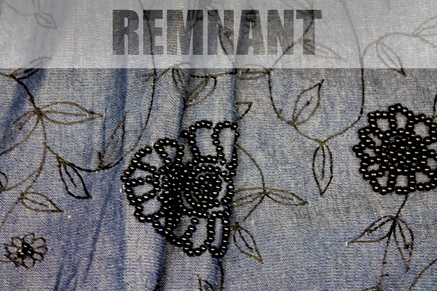 REMNANT - Beaded Embroidered European Denim - Black on Mid Blue - 0.3-0.35m Piece