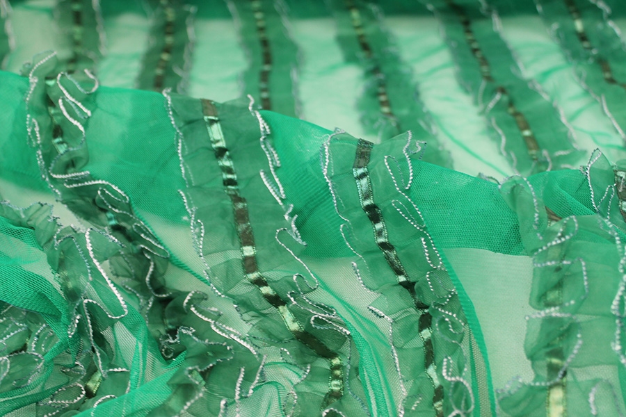 Green Organza Ribbon Frills on Tulle 