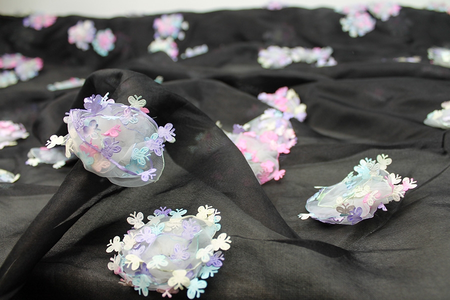 Black Silk Organza with Pastel Butterfly Pom-Poms