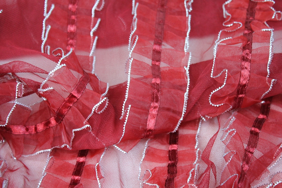 Deep Red Organza Ribbon Frills on Tulle 