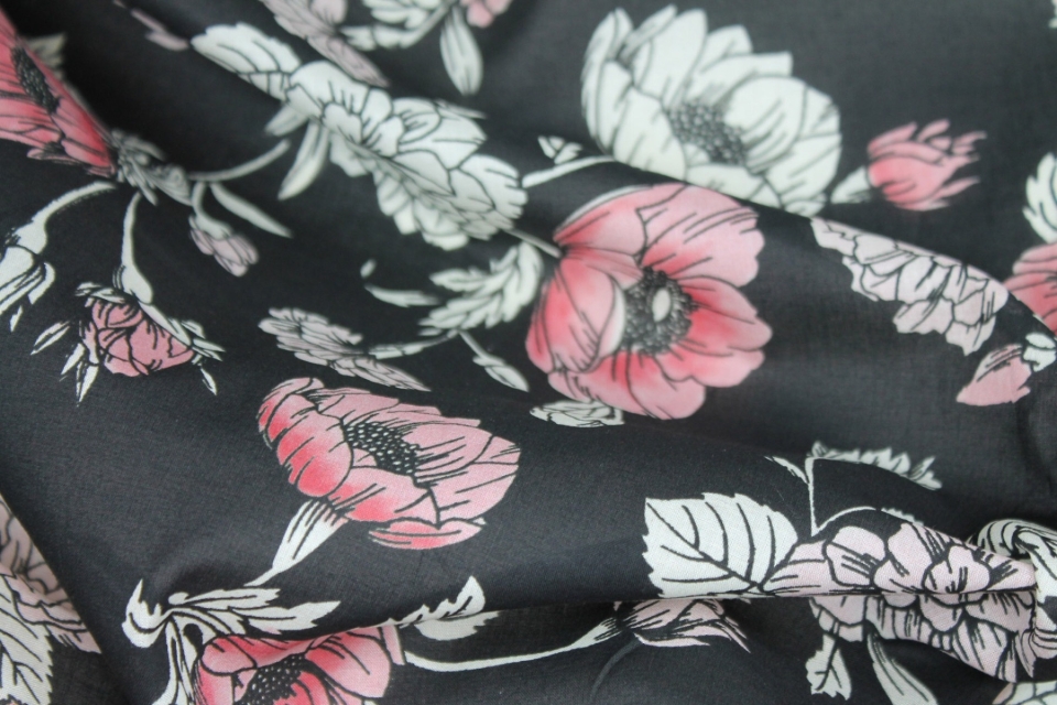 Floral Print Cotton - Black Pink and Off White 