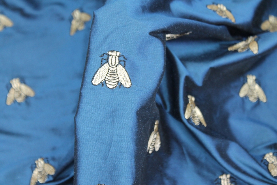 Silk Dupion Embroidered with Bees - Dark Blue / Gold