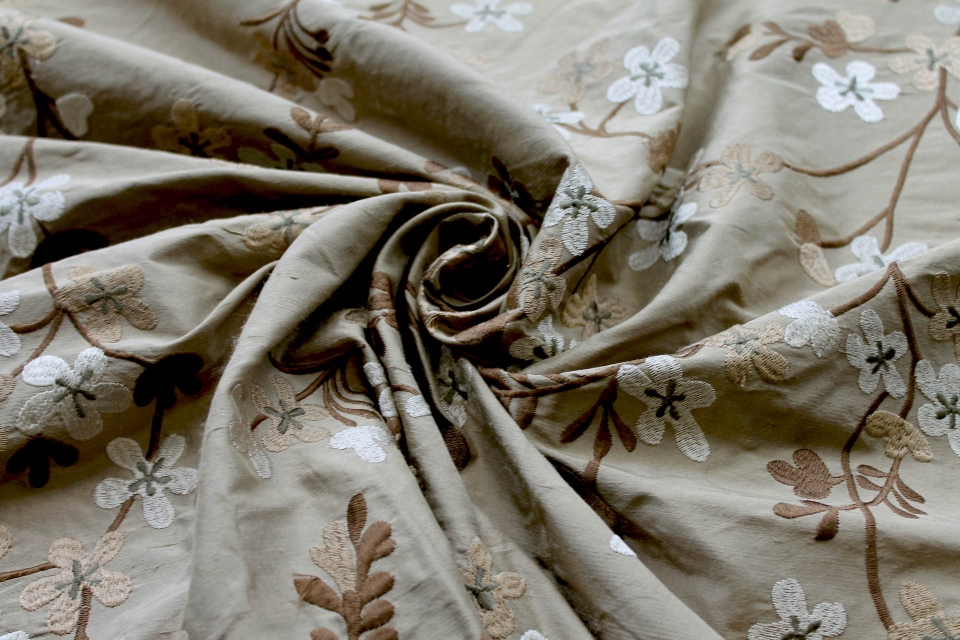 Floral Embroidered Silk Dupion - Taupe