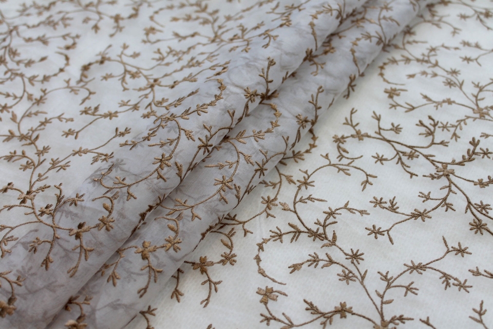Embroidered Silk Organza - Gold Small Flowers On Ivory