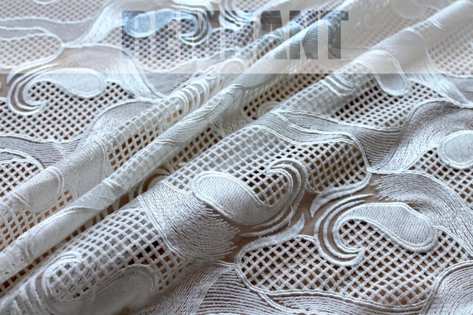 REMNANT - Embroidered Modern Pattern on Tulle - Ivory - 0.45m Piece