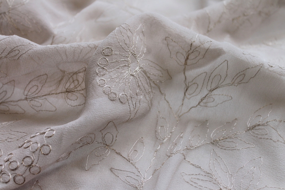 Metallic Floral Embroidery on Oyster Silk Chiffon