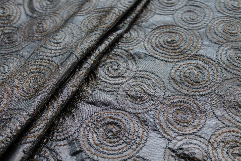 Spiral Embroidery with Sequins on Silver Metallic Dupion