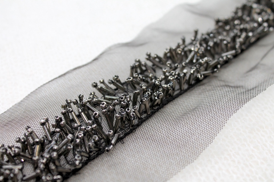 3D Beaded Tulle Trim - Silver/Black