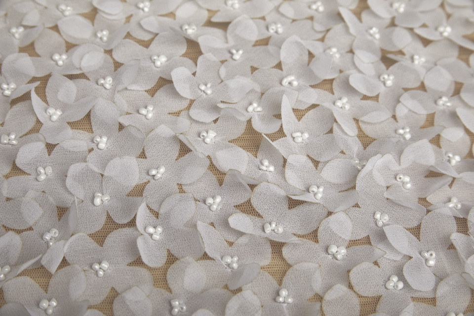 3D Cut Out Off White Georgette Flowers with Glass Beads on Tulle