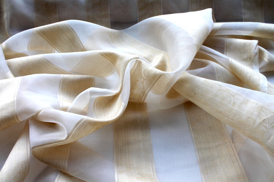 Jacquard Striped Silk Organza - Ivory and Pale Gold