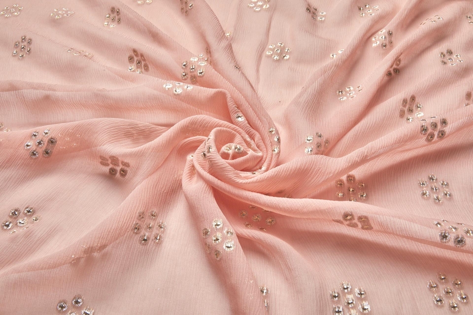 Gold Circles on Coral Crinkle Silk Chiffon