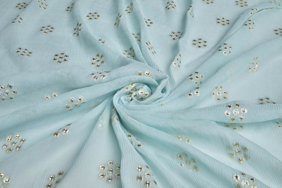 Gold Circles on Mint Crinkle Silk Chiffon