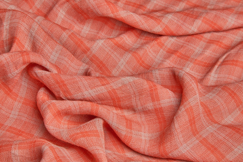 Poly Viscose Check - Hand Dyed and Washed - Tangerine and Twine Brown