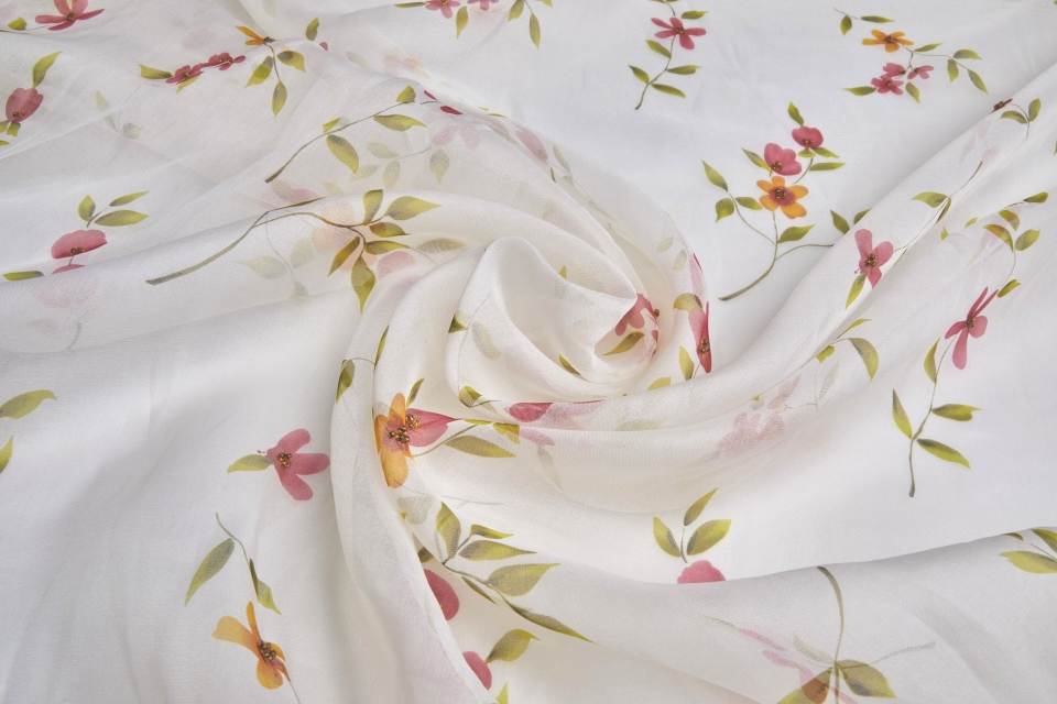 Silk Organza with Floral Print and Hand Beading - Ivory