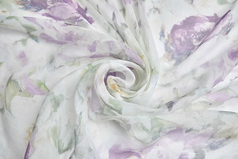 Delicate Watercolour Floral Print on Silk Gauze - Purple / Green