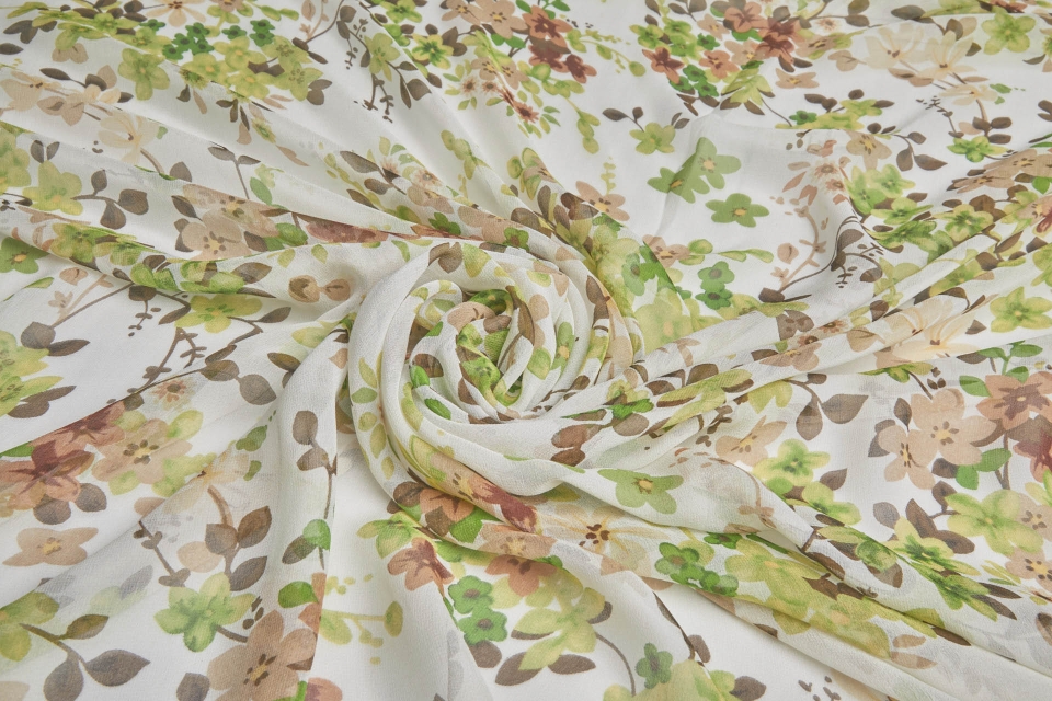 Brown and Green Floral Print on Off White Silk Georgette