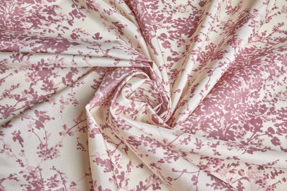 Antique Pink Figurative Floral Print on Cream Silk