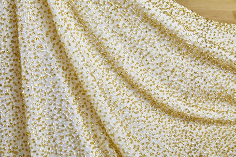 Beaded Silk Chiffon - Off White with Gold Beads