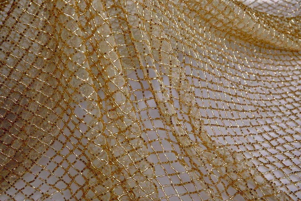 Beaded Fishnet Design on Tulle - Gold