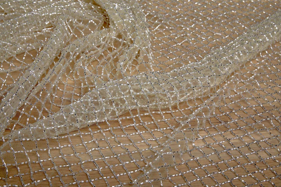 Beaded Fishnet Design on Tulle - Silver