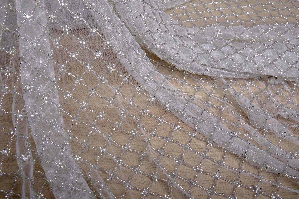 Beaded Large Fishnet Design on Tulle - Silver