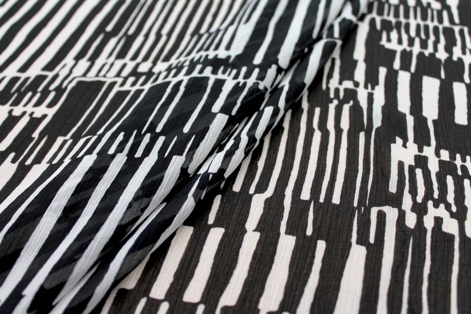 Black and Ivory Graphic Printed Crinkle Viscose Chiffon