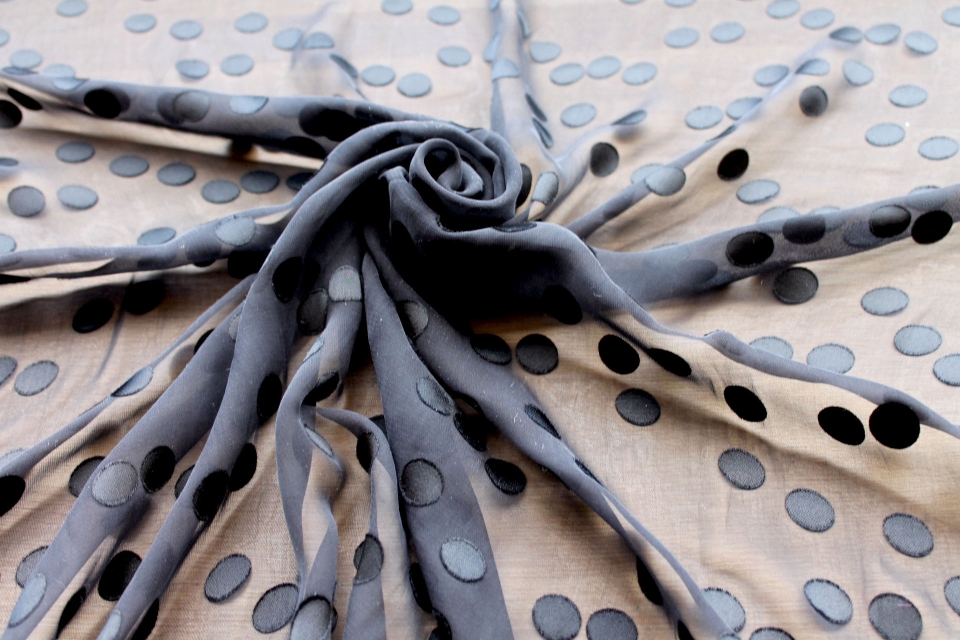 Black Silk Chiffon with Devore Satin Spots / Dots