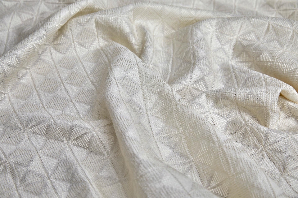 Ivory Geometric Embroidery with on Natural Silk Tassar