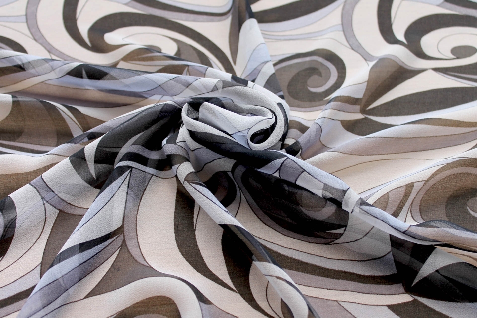 Graphic "Psychedelic" Printed Silk Georgette in Black, Grey and Ivory
