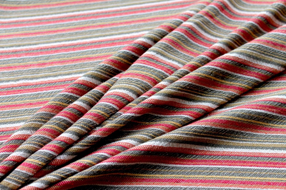 Textured Woven Cotton Stripe - Red, Orange, Yellow and Olive