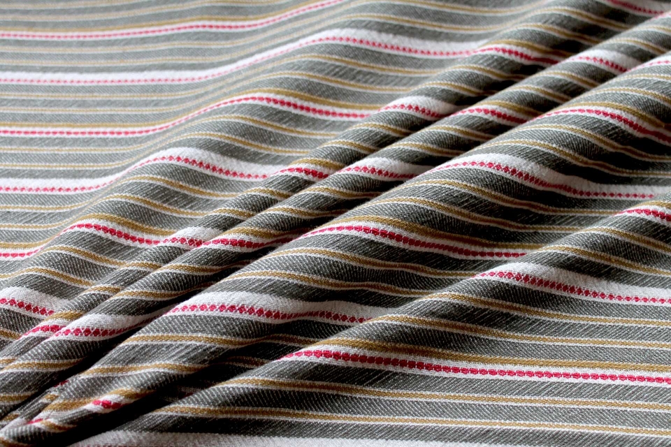 Textured Woven Cotton Stripe - Greens, Red and Ivory