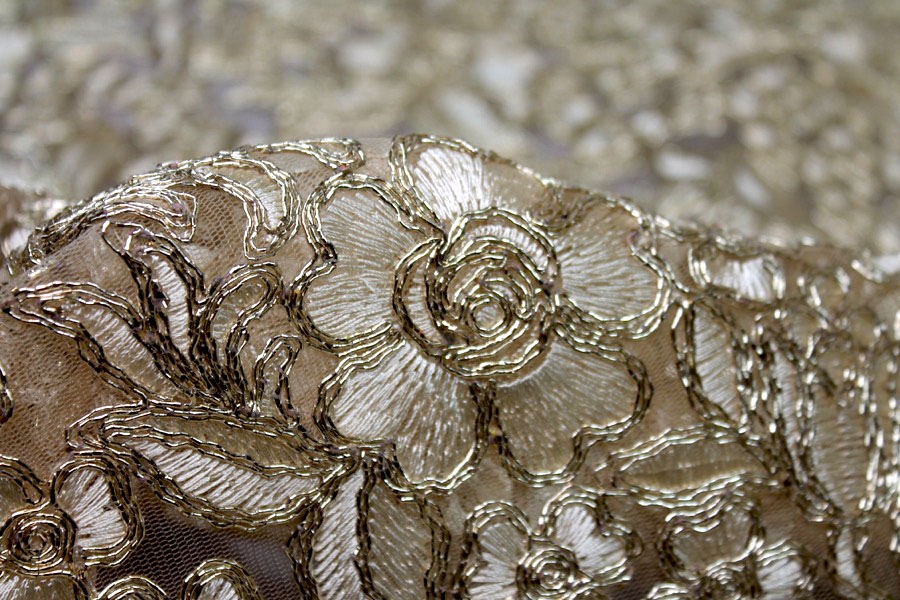 LAST PIECE - Gold Corded Embroidered Tulle