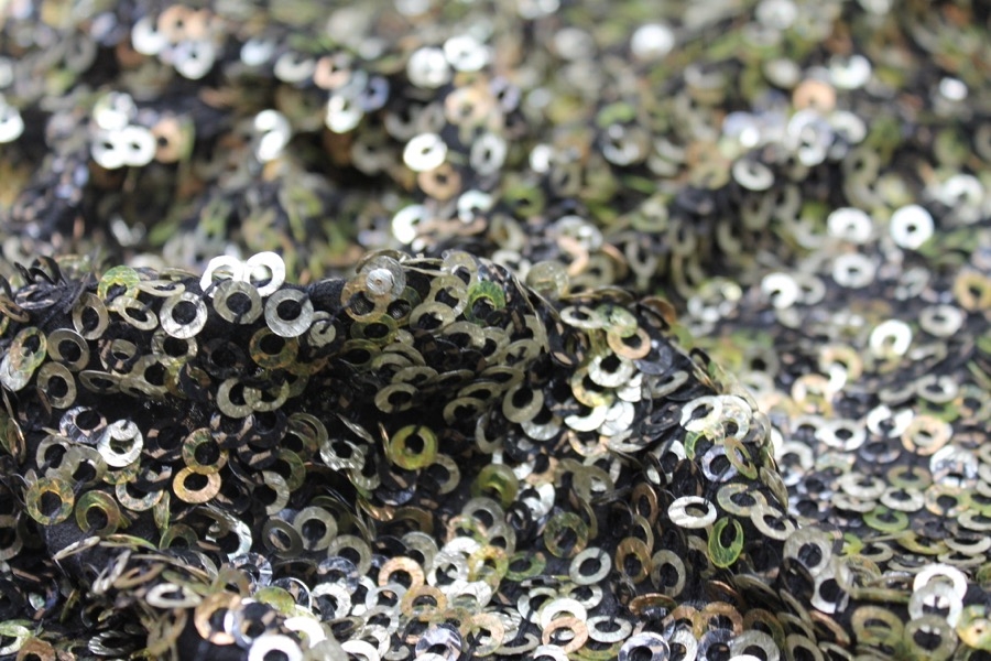 Green, Gold and Bronze Donut Sequin On Black Silk Chiffon