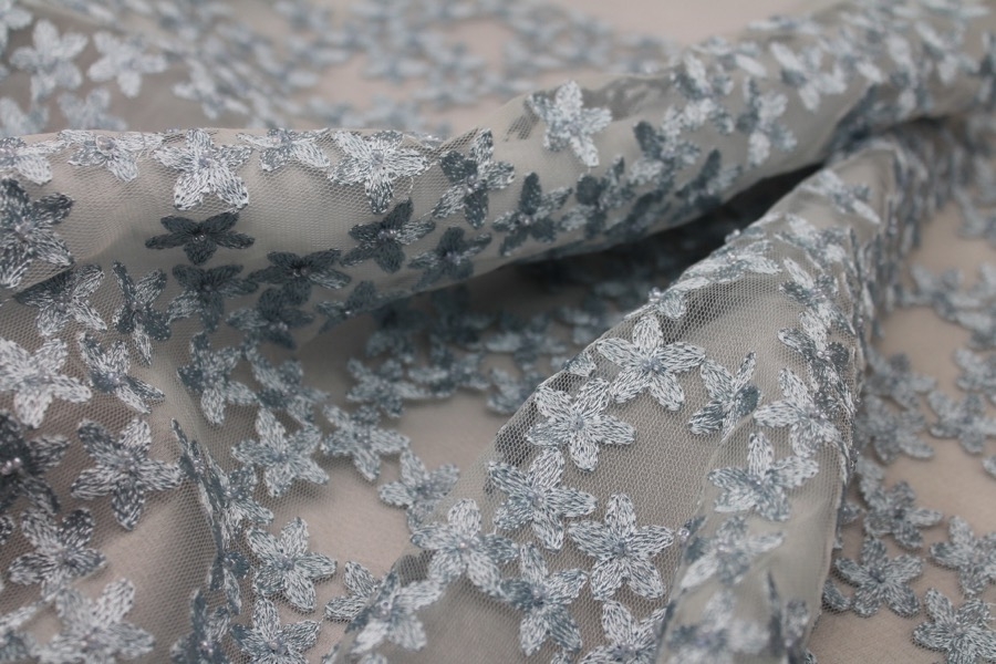 LAST PIECE - Beaded and Embroidered Flowers on Tulle - New Pale Blue