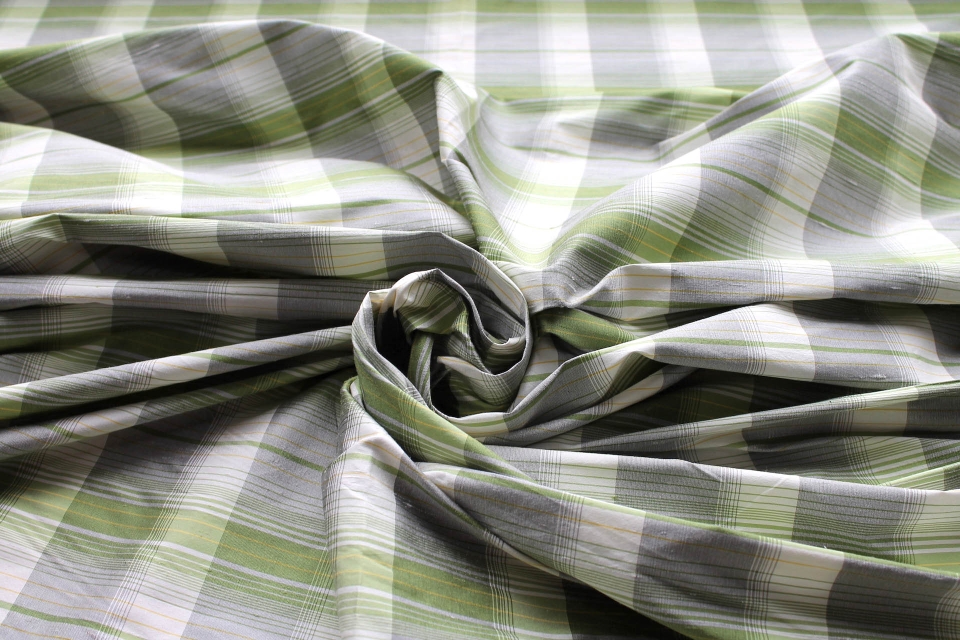 Tartan Check Silk Dupion - Cream, Green and Grey