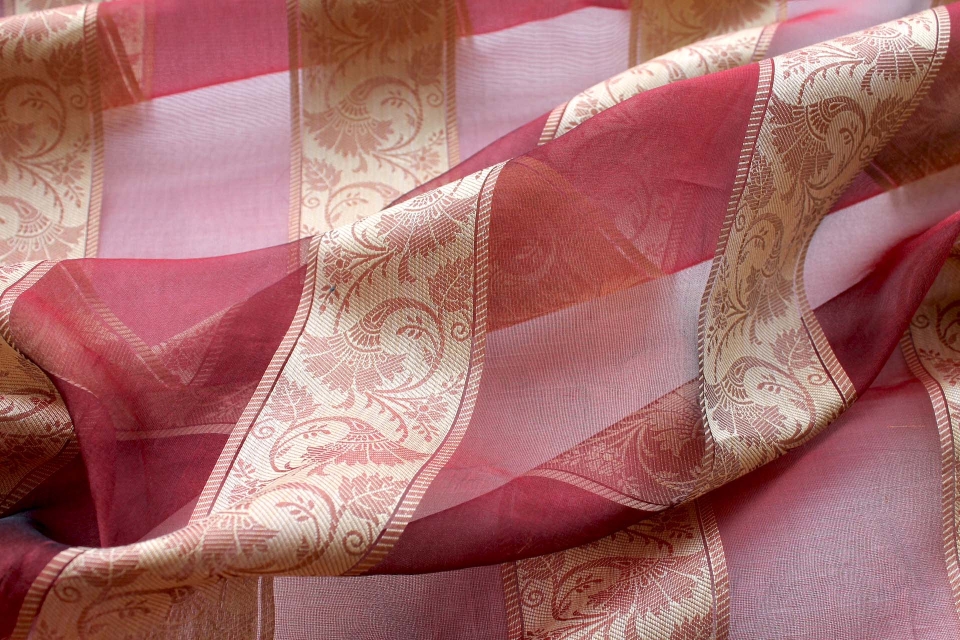 Jacquard Striped Silk Organza - Dark Red and Gold