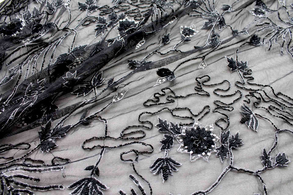 Black floral embroidered tulle silver metallic sequin and beading