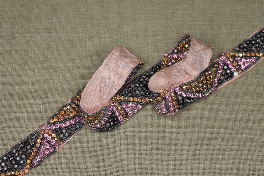 Beaded Diamanté Grosgrain Ribbon in Pink Gold and Grey