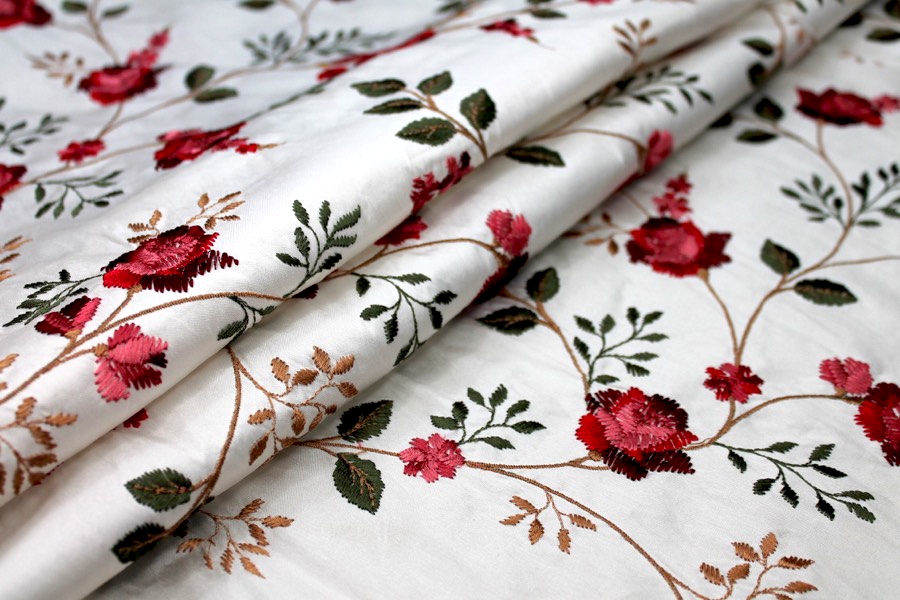 OUT OF STOCK - Embroidered Dupion - Red and Pink Roses on Ivory