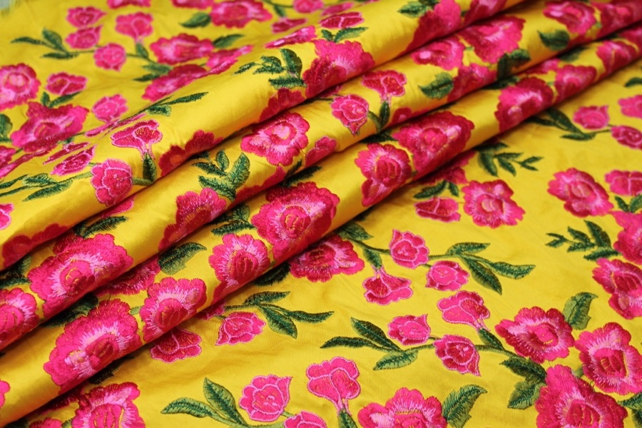 Embroidered Dupion - Bright Pink Roses on Sunflower Yellow