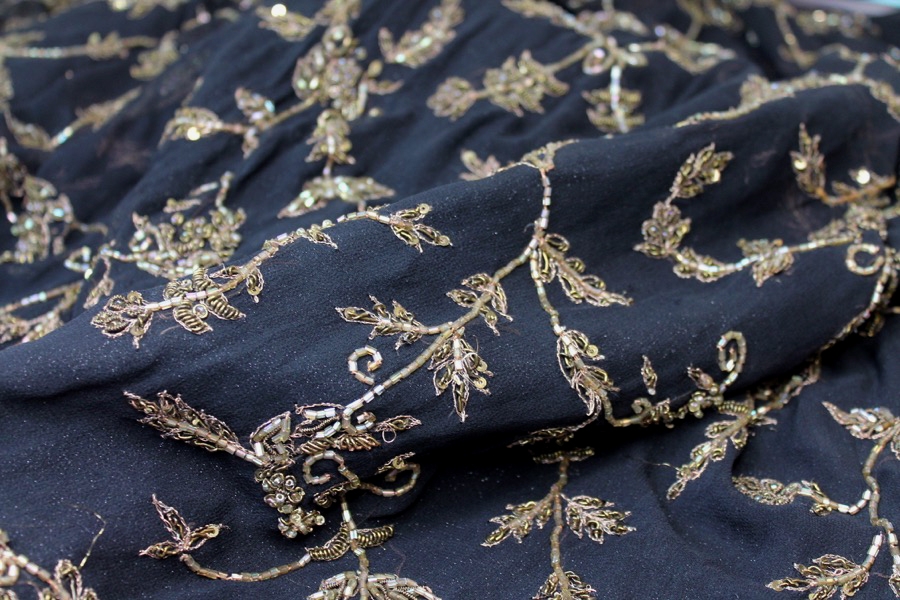 Black and Gold Floral Embroidery on Black Chiffon