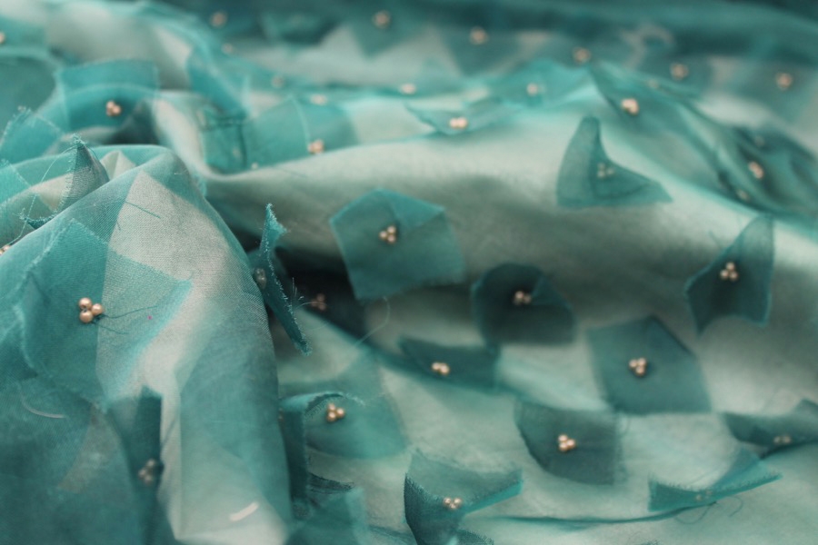 Appliqué and Pearl Silk Organza - Teal