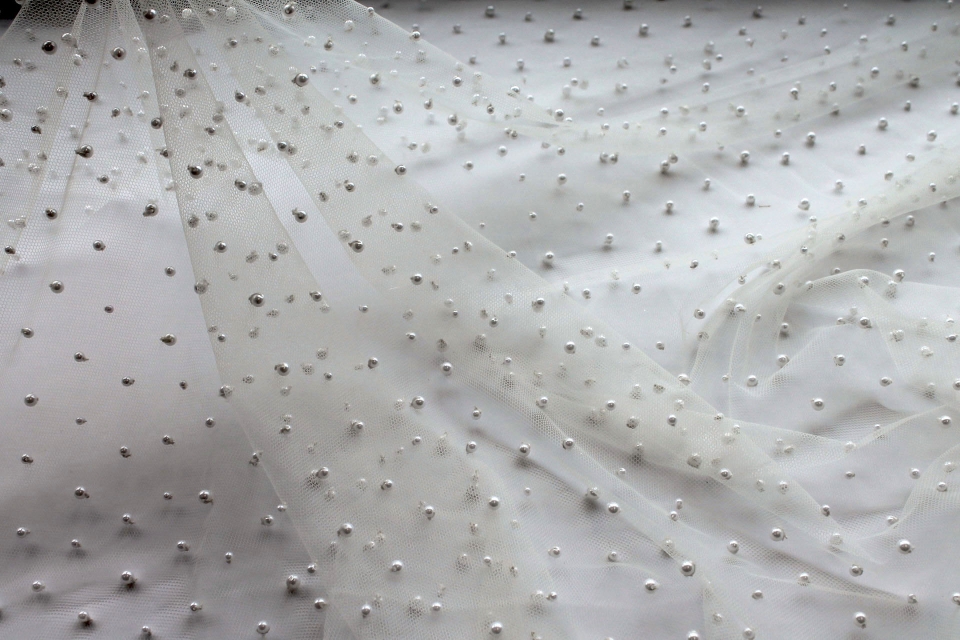 Small Ivory Pearls on Ivory Nylon Tulle