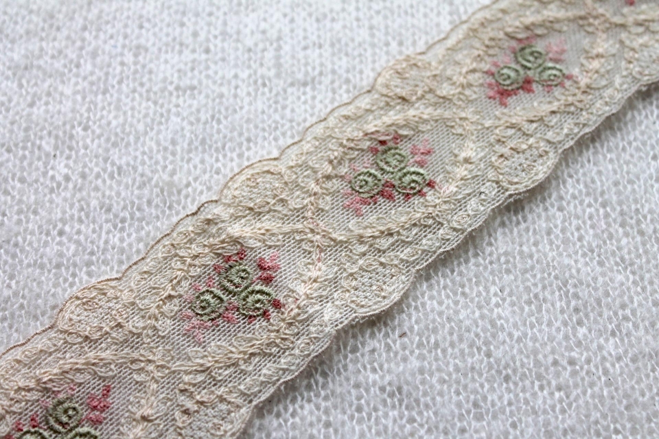 NEW BRIDAL - Cute Embroidered Cotton Tulle Trim - Cream, Pink and Green