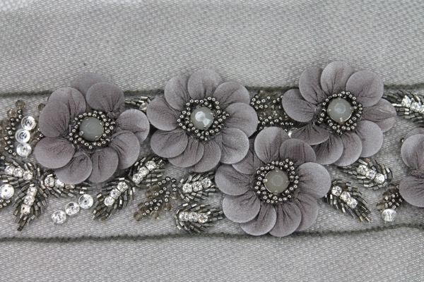 3D Floral Trim with Georgette covered Sequin Petals and Beaded Centre - Anthracite