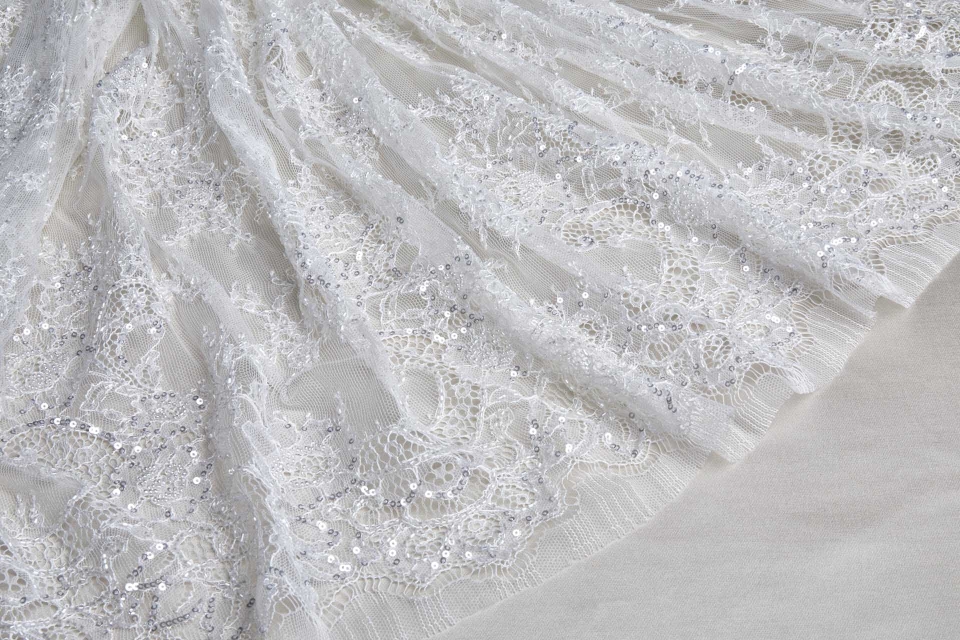 NEW BRIDAL - Beaded and Sequinned Chantilly Lace Double Border in Pale Ivory
