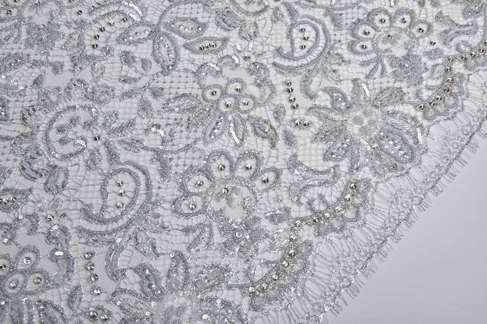 Beaded Metallic Silver Lace with Crystals
